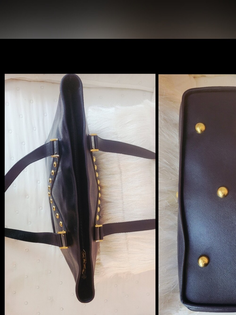 Vintage YSL Black Studded Y Ligne Leather Tote Bag w/ COA &Free YSL BEAUTY POUCH - Picture 4 of 14